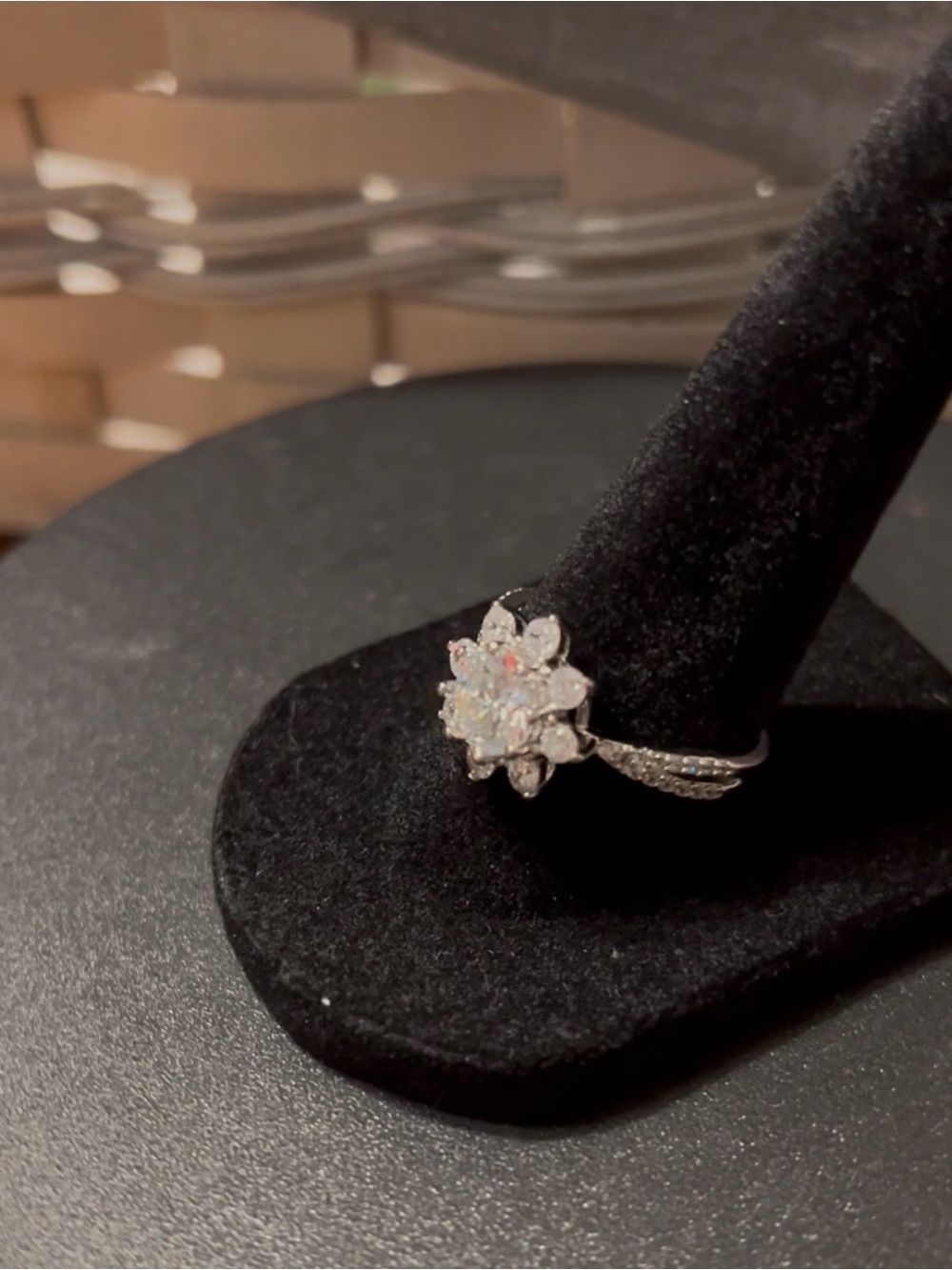 Sparkling Sterling Silver Floral Halo Ring with Clear Stones, adjustable